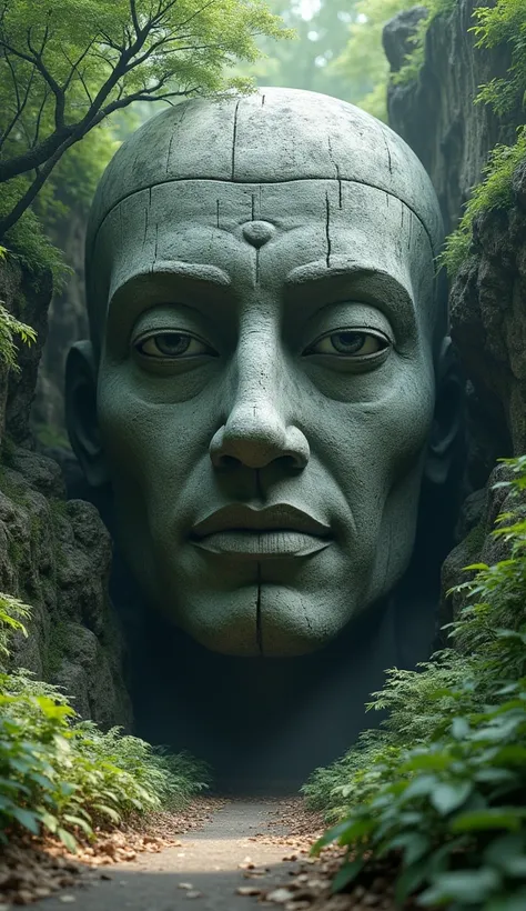 In the middle of a forest stands a large stone statue, stone eyes, virtual unreal, IMAX-Filmmaterial, by Jang Seung-eop, Still in style, cybertronischer Hindutempel, face close up, PlayStation 3, autodesk, Still from the Marvel movie, Graves  