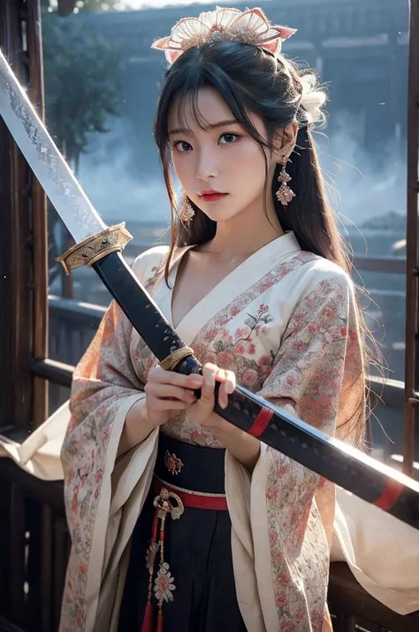 (Ultra high definition、Photorealistic、masterpiece)、raw、50mm、f1.4、Single-lens reflex camera、The mysterious maid、Baby Face、Pretty girl、 (Musashi Miyamoto)、 Wielding a long Japan sword、Split with a powerful blow、Wrapped in a fog that blocks visibility、Reveali...