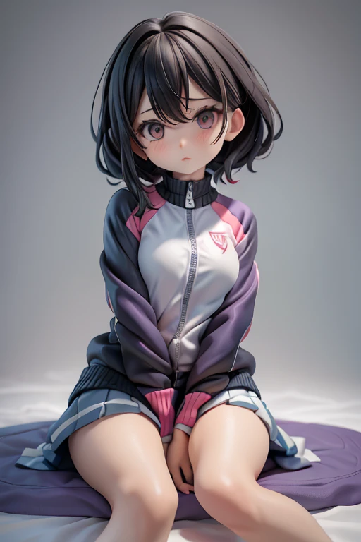 Girl、Primary school students、small、sharp、Black Hair,、The forehead is visible、Forehead、Jersey、Training wear、Clothing patterns、Clothing Design、The zipper is open、The front of the jacket is open、whole body、Sitting with legs crossed
