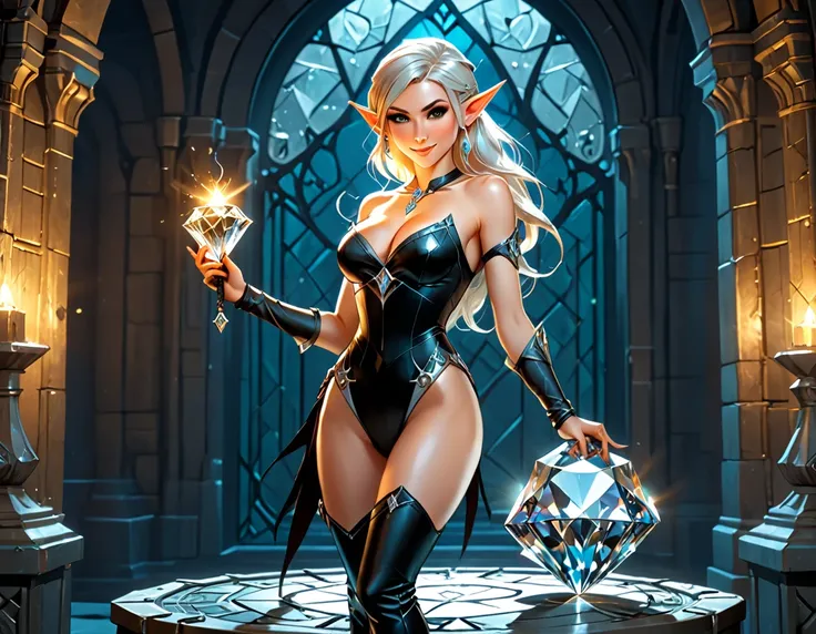 a picture of an elf thief holding an epic diamond in a vault, a female elf thief, full body, small pointy ears, dynamic hair color, dynamic hair style, pale skin, ultra detailed face, wearing black leather leotard, busty, small cleavage, high heel boots, s...