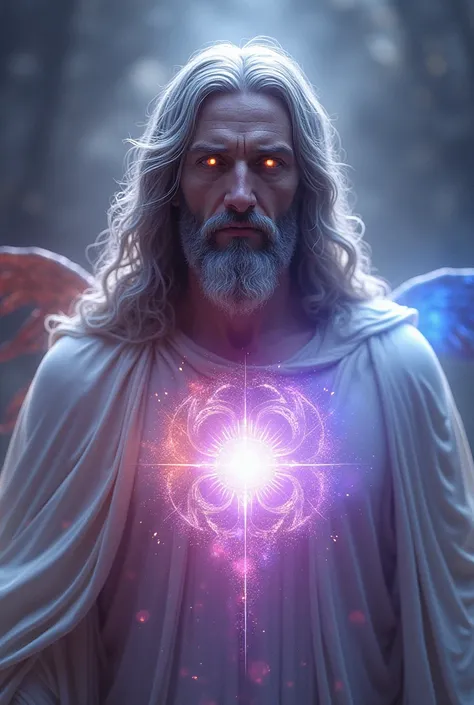 jesus com campo de energia no contorno do corpo prateado relusente, aura violeta aura vermelho e azul prata no peito, aspecto de fogo nos olhos prateado, face de lucifer