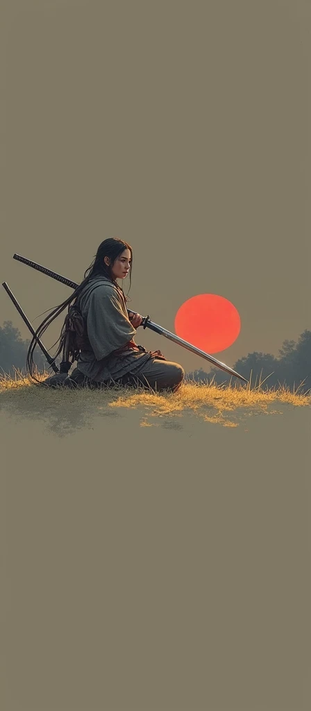 realistic photo. a boy with an upright body. long hair. carrying a complete weapon and a samurai sword. sitting on mustard while holding his weapon. background of a red moon on the battlefield.