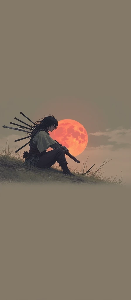 realistic photo. a boy with an upright body. long hair. carrying a complete weapon and a samurai sword. sitting on mustard while holding his weapon. background of a red moon on the battlefield.