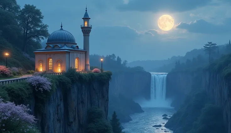 a small mosque near a cliff with a waterfall flowing over the river, pastel flowers lined up nearby on a full moon night bird eye view