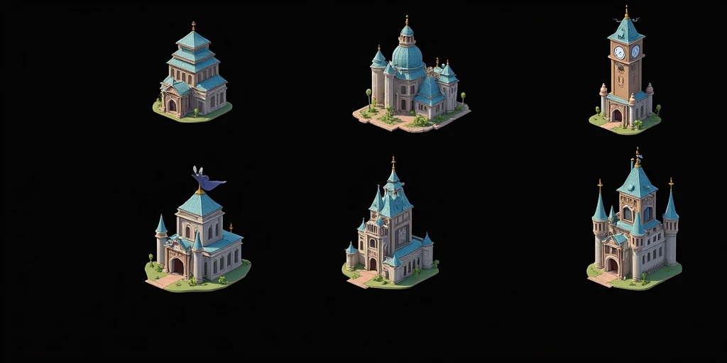 a close up of a bunch of different buildings with a clock on top, detailed buildings, small buildings, Castles and temple details, isometric palace, ancient buildings, prerendered isometric graphics, buildings, game assets, isometric game feature, large te...