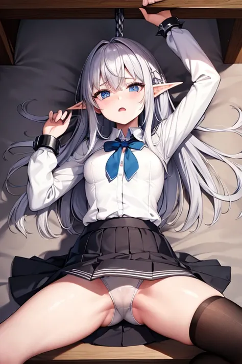 Elf, Silver Hair, In the torture chamber, Lying on an iron bed and crucified, school uniform, White shirt, skirt, Open your mouth, Raise your hands,  Crying face, Small breasts, A large iron collar with spikes and handcuffs, Spread your legs