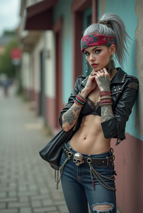 russian milf woman, grey hair (ponytail) and wide colourful bandana as headband, maxi sunglasses as headband. Very light blue eyes, extremely pale. Wearing studded cropped black moto jacket with lots of zippers and pins, black and red lace push up bra , st...