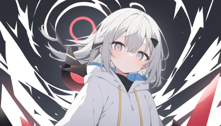 Thin gray hair　A red light in one blue eye　Widely opened eyes　looking at the camera　White hoodie　Blue and black line pattern　Black under the hood　White hoodie with black and blue lines　Diamond-shaped hair ornament　Black hairpin　A yellow triangle on the bot...