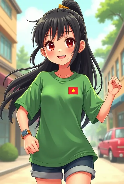 Draw a dynamic 18 year old girl she is wearing a long green shirt with no pattern and on the left side there is a small Vietnamese flag on the chest and short sleeves and red eyes and a hair tie, black hair, and light black pants and draw for cartoon