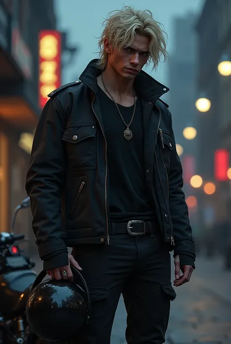 a bad boy, androgen, very muscular and defined, short mullet hair, curly, dark blonde, with clear black closed jacket and black pants, with a motorbike behind me, she is holding the helmet, on an empty street with a single streetlight lit
