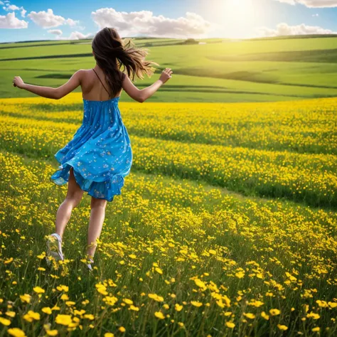 Field of Flowers, The girl runs, runs away from the camera into the distance, view from the back, back view, rejoices, hands to the side, Hair develops, big breasts, emotion of joy, curiosity, bright colors, high contrast, blue sky, clouds, Sun rays, high ...