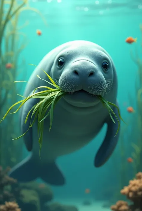 Create an animated image of a manatee eating seagrass and holding it in its mouth in a creative way  