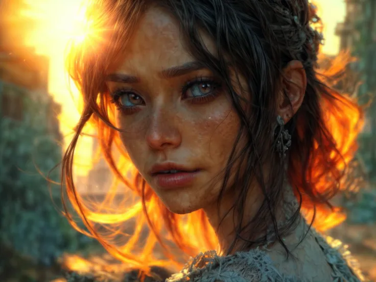 (((ultra realistic))) Photo, masterpiece, top quality, (sun tanned skin), (Ultra detailed face and eyes:1.3), 1 woman, A highly detailed photorealistic image, beautiful woman in the post-apocalyptic setting, torn dress, searching for love, detailed face, d...