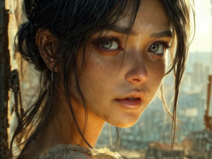 (((ultra realistic))) Photo, masterpiece, top quality, (sun tanned skin), (Ultra detailed face and eyes:1.3), 1 woman, A highly detailed photorealistic image, beautiful woman in the post-apocalyptic setting, torn dress, searching for love, detailed face, d...