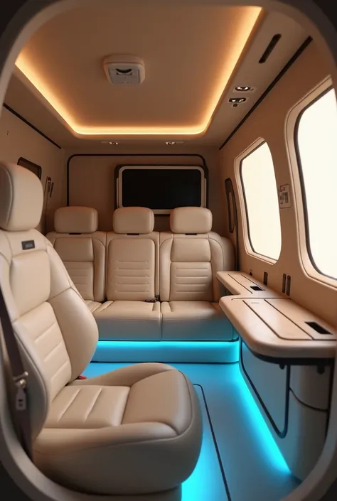 Beige interior, with leather seats and blue led lights 