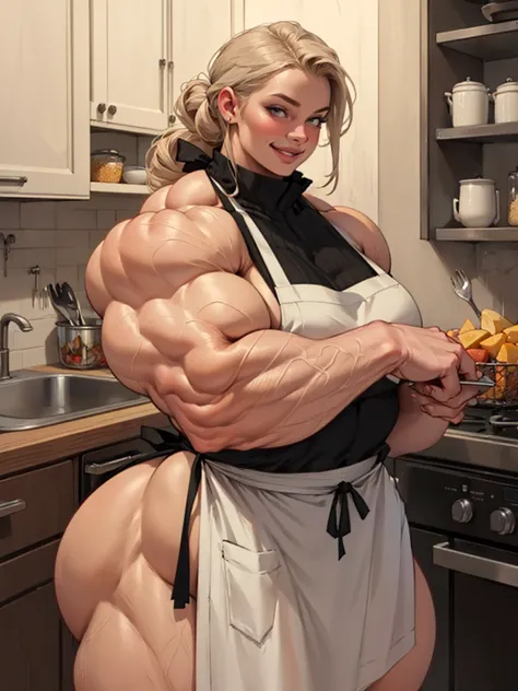 (masterpiece, realistic, detailed:1.2), young scandanavian girl, cooking, (hypermuscle:1.7), nude, apron, (open smile expression:1.2), small waist, gigantic ass, (realistic face:1.2), (huge lips), kitchen, eggs