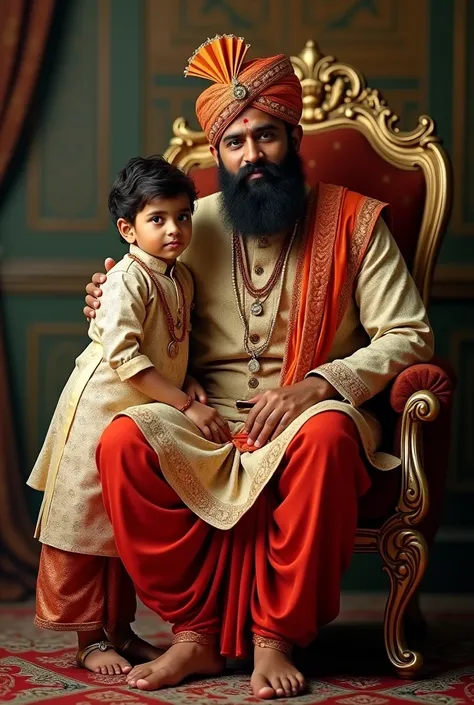 a 2 son with father photo without head, son standing beside father, father sit on king chair with tradisional clothes indian