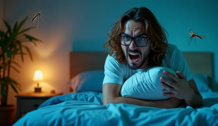 A captivating photograph showcasing a furious guy with long, wavy brown hair and glasses caught in the midst of a mosquito battle in his bedroom at night. He is aggressively swinging his pillow towards the mosquito with fury. The guy is wearing a white t-s...