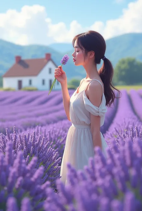 A beautiful lavender farm. A beautiful white house in the background of the natural lavender farm. A beautiful pretty girl is walking in the farm. The girl is having a lavender flower in her hand and smelling it. The fragrance spreading everywhere.