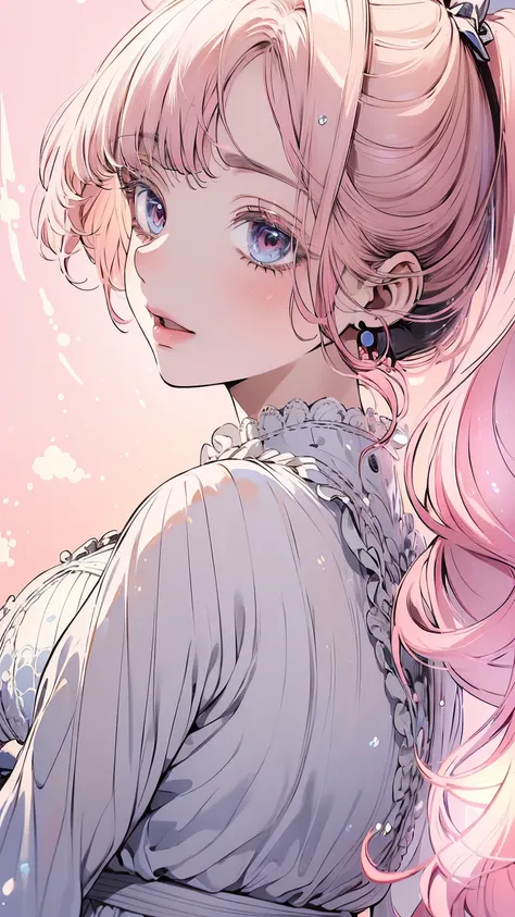 ((best quality)), ((masterpiece)), ((hyundai)), ((illustration)), (detailed), (clear), (Perfect), 1 woman, 1, beautiful, pure, smile, Pink hair with bangs in ponytail, white skin, Blue diamond eyes, abundant eyelashes, pretty lips, big bust, small waist, w...