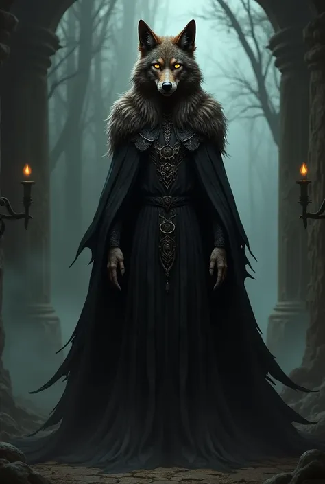 Dark brown furred wolf woman, wearing a black robe dr witch