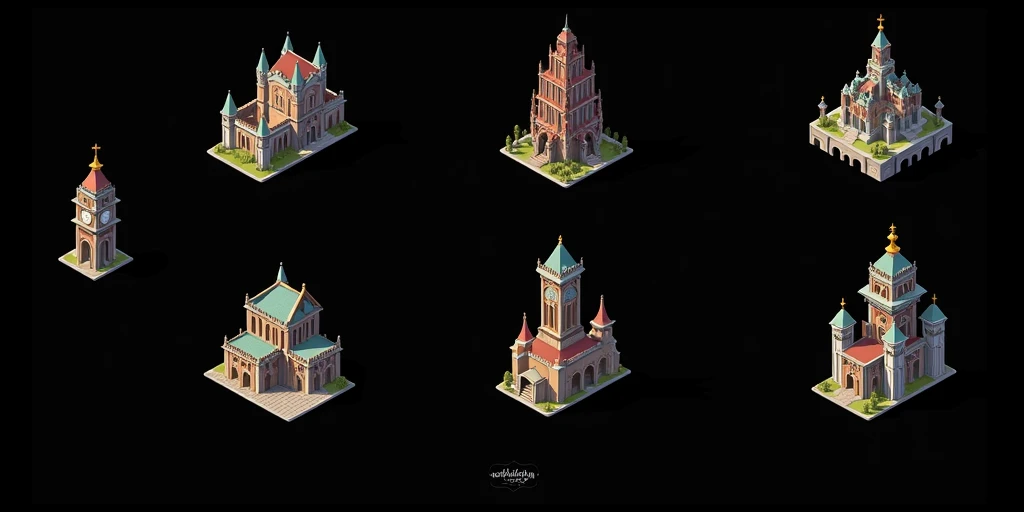 a close up of a bunch of different buildings with a clock on top, detailed buildings, small buildings, Castles and temple details, isometric palace, ancient buildings, prerendered isometric graphics, buildings, game assets, isometric game feature, large te...