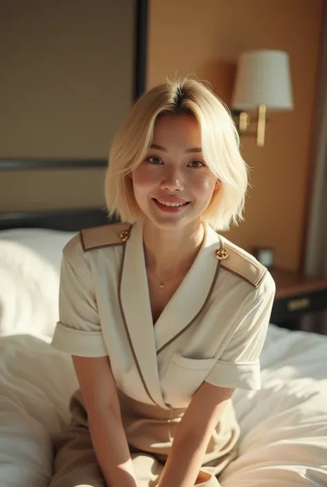 (8k, RAW Photos,Highest quality, High resolution:1.1), (Ultra-realistic:1.4),(Realistic, Realistic:1.3),The Beauty of Japan、bionde,Short Bob、((smile:1.3))、Hotel(On the bed)、uniform