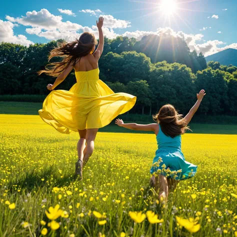 Field of Flowers, The girl runs, runs away from the camera into the distance, view from the back, back view, rejoices, hands to the side, Hair develops, big breasts, emotion of joy, curiosity, bright colors, high contrast, blue sky, clouds, Sun rays, high ...