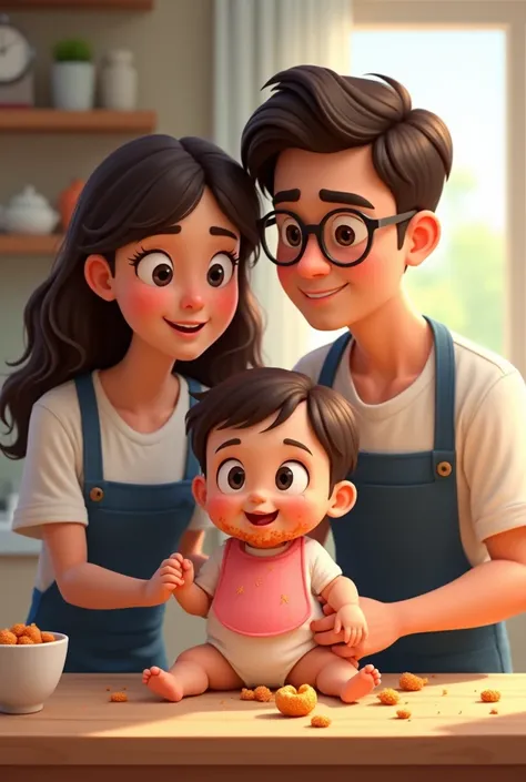 animated mom with a dark brown wavy hair and a dad with glasses, both wearing a plain white shirt and dark blue apron is admiring their baby with a dark brown hair wearing a white shirt and a pink drool bib getting messy while eating and exploring the food...