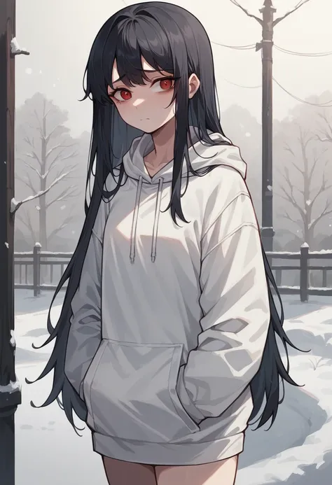 Runaway Girl,winter,female,korean,Dongtaenun,red eyes,long hair,black hair,alone,White hoodie,sadness