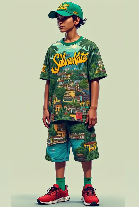 s uniform (cap, shirt and shorts) for a Skate project named "SalvaSkate".
The uniform may have references to favelas and the colors of a well-forested city park
