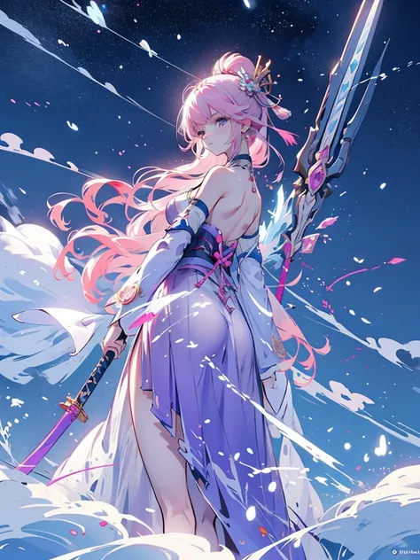 Extreme Detail, perfection, aerial photograph, Like a work of art, Animated character with ice and snow sword, Her pink hair and long purple skirt complement each other., While looking at Ayaka Genshin in the distance, takes us to the world of Genshin.