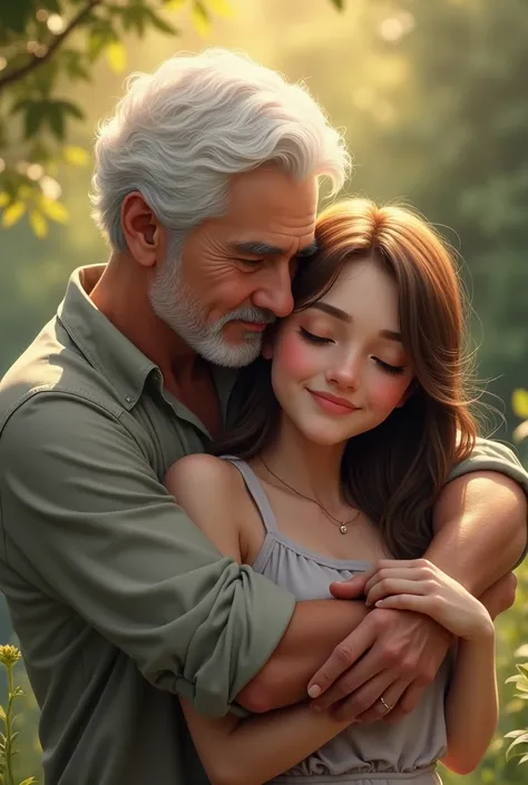 
An elderly man embracing a young woman from behind in a tender and affectionate manner. The elderly man has white hair and a gentle expression, showing love and warmth. The young woman, with long hair, smiles softly, radiating a sense of comfort and secur...