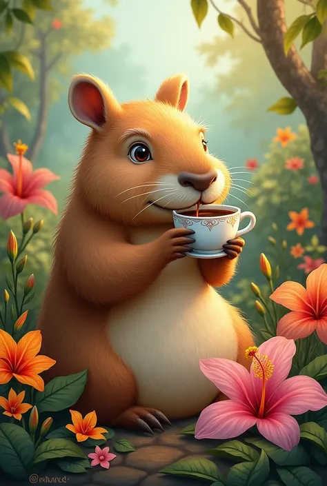 A capybara drinking coffee and flowers around

