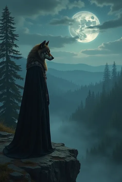 Dark brown furred wolf woman, wearing a black witch&#39;s robe with a hood.  She is on the edge of a cliff looking at the landscape in front of her of a beautiful forest and a starry sky.