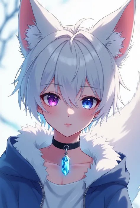 Boy between 16 and 1 with white fox ears and tail with blue and purple heterochromia, with a black choker with a 5cm round pendant made of translucent blue crystal 