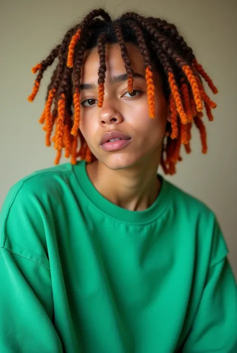 adolescent, 20 year, short hair with dreads and orange tips. Wearing a green sweatshirt.