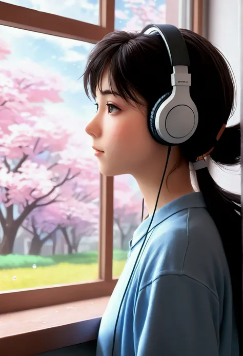 Anime Style, (Dreamy Art), (Soft Focus), Cozy room atmosphere, Girl wearing headphones, [(Lo-fi beats:1.3)|ambient music], (Anime Art), [(cherry blossoms|Bookshelf:0.5)], [Reflective surface:0.8], [(pastel colour:1.2)|Calm colors], [(Attention to detail:1....