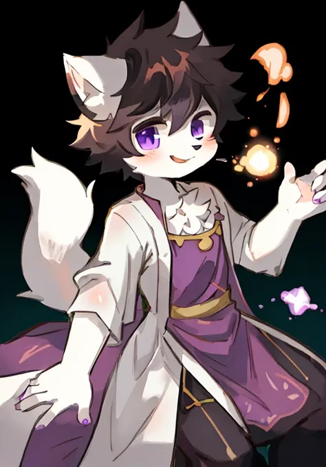 White male cat，boy，cute，Q version，Purple Eyes，Big furry tail，White fur，Magic，Magician Dress Up