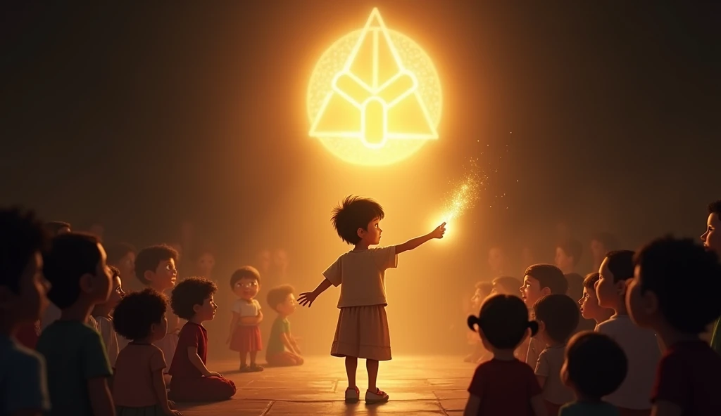 Depict a radiant scene where a young child, holding a glowing wand, stands in a darkened room. As the child waves the wand, the darkness recedes, revealing bright, comforting light that illuminates other children who were previously in the shadows. Above t...