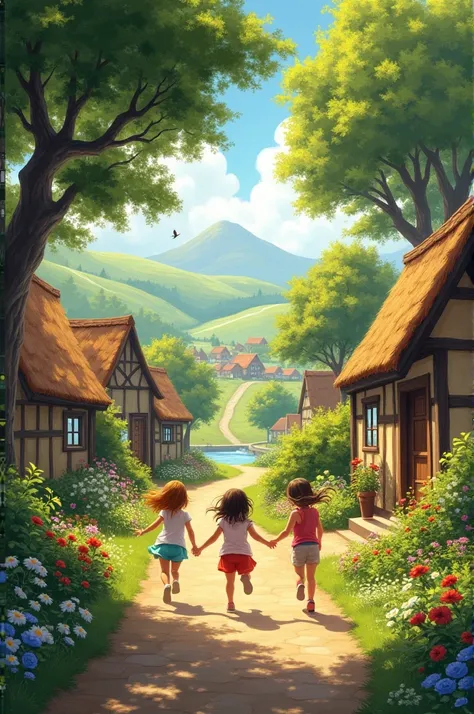 Show the scene of a small village, where birds are chirping and children are blooming.