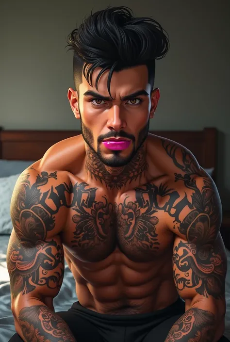 a young man AI high quality muscular tattoo with name “ruy” tanned skin piercing gaze pink mouth with realistic animated bedroom background