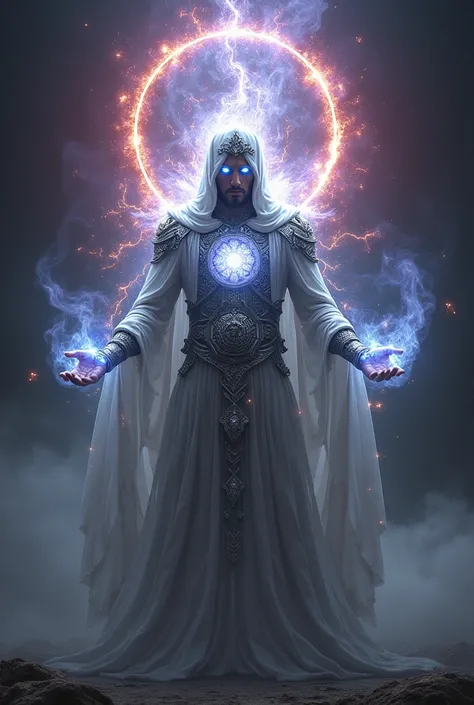 man in ritual clothing energy field around body shining silver, violet body aura red and blue silver chest aura, fire aspect in silver eyes, darkness background, Morning Star