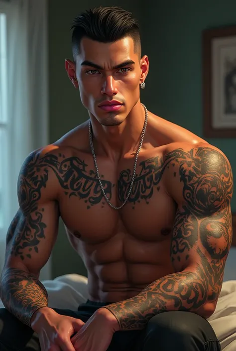 a young man AI high quality muscular tattoo with name “ruy” tanned skin piercing gaze pink mouth with realistic animated bedroom background