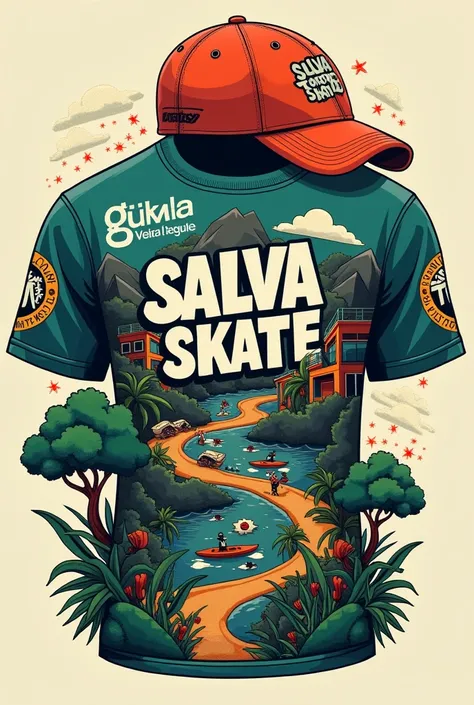 s uniform (cap, shirt and shorts) for a Skate project named "SalvaSkate" non-uniform writing.
The uniform may have references to favelas and the colors of a well-forested city park without mountains, but you can put favela hills
