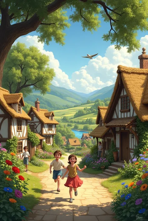 Show the scene of a small village, where birds are chirping and children are blooming.