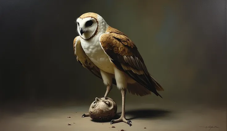 oil painting, headless owl, head on the ground