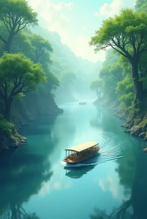 The water in the river is gurgling, the passenger boat is moving, the sky is mixed with the river water, the living trees are floating on the water.