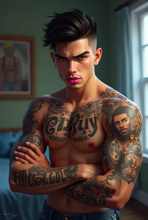 a young man AI high quality muscular tattoo with name “ruy” tanned skin piercing gaze pink mouth with realistic animated bedroom background