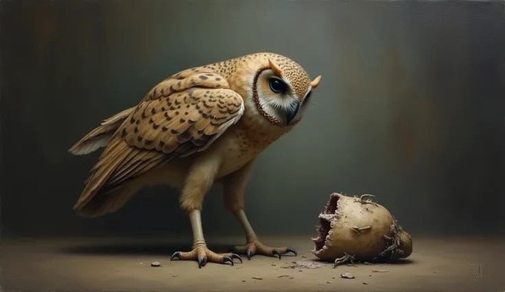 oil painting, headless owl, head on the ground